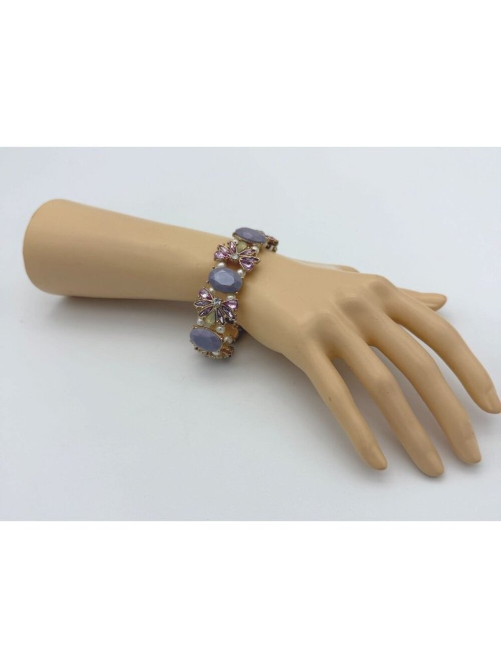 Floral Theme Cabochon Retro Statement Stretch Bracelet 10K Gold Plate Lavenders